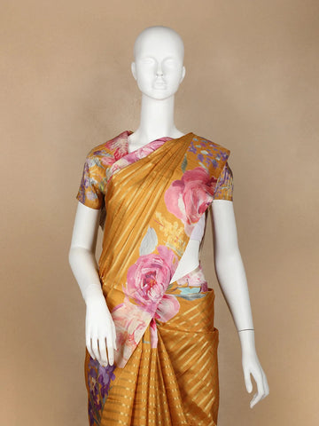 Mustard Yellow Floral Prints Designed Semi Tussar Silk Saree - Diadem