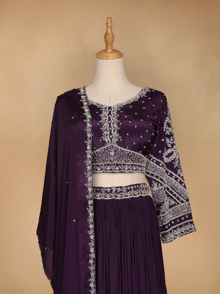 Purple Floral Embroidered Crepe Bridesmaids Lehenga - Diadem