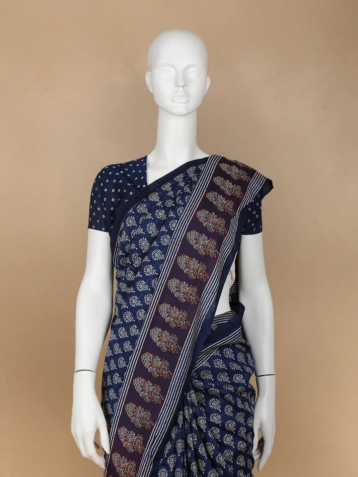 Navy Blue Floral Design Cotton Saree - Diadem