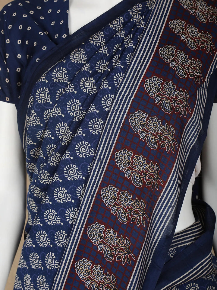 Navy Blue Floral Design Cotton Saree - Diadem