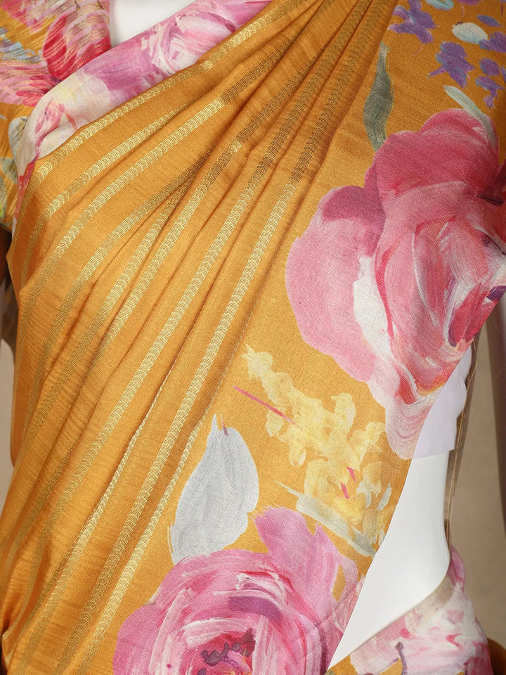 Mustard Yellow Floral Prints Designed Semi Tussar Silk Saree - Diadem