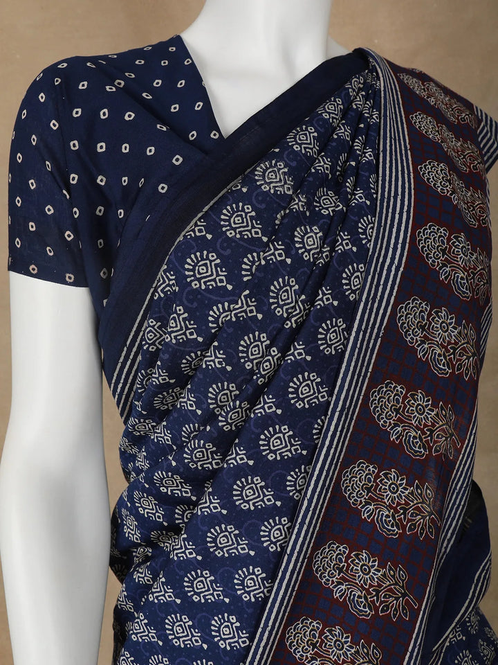 Navy Blue Floral Design Cotton Saree - Diadem