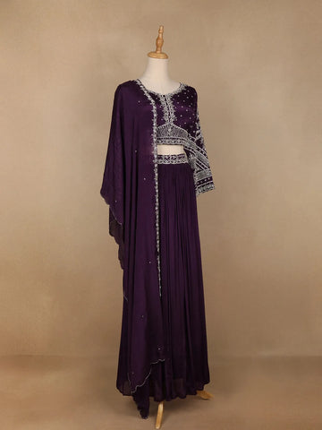 Purple Floral Embroidered Crepe Bridesmaids Lehenga - Diadem