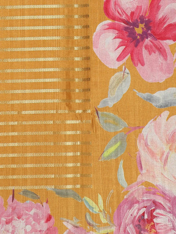 Mustard Yellow Floral Prints Designed Semi Tussar Silk Saree - Diadem