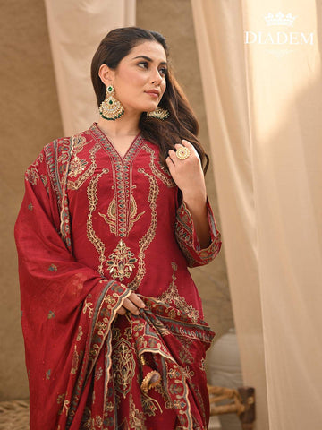 Dark Red Floral Embroidered Crepe Palazzo Salwar Suit - Diadem