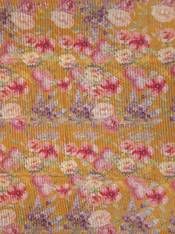 Mustard Yellow Floral Prints Designed Semi Tussar Silk Saree - Diadem
