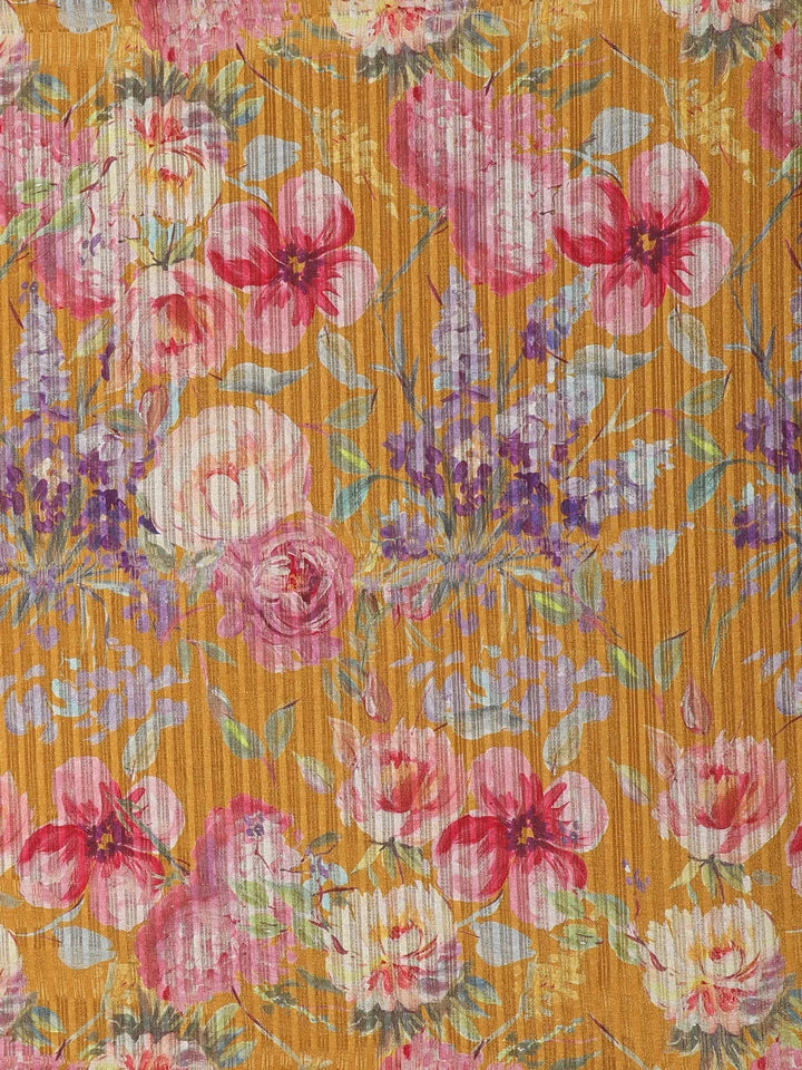 Mustard Yellow Floral Prints Designed Semi Tussar Silk Saree - Diadem