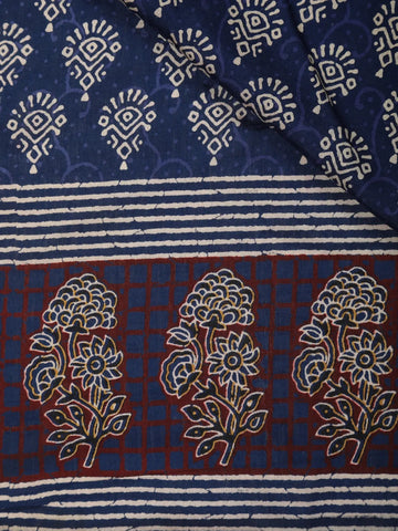 Navy Blue Floral Design Cotton Saree - Diadem