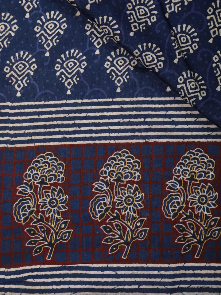 Navy Blue Floral Design Cotton Saree - Diadem