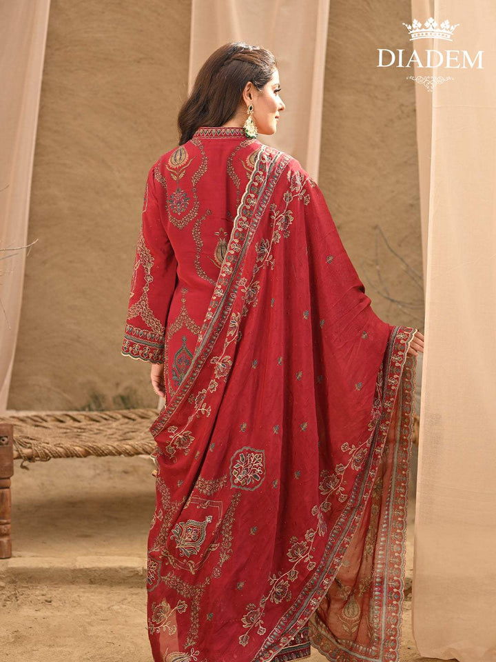 Dark Red Floral Embroidered Crepe Palazzo Salwar Suit - Diadem