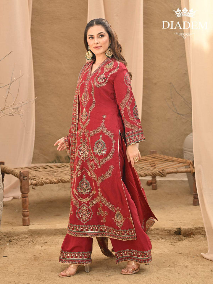 Dark Red Floral Embroidered Crepe Palazzo Salwar Suit - Diadem