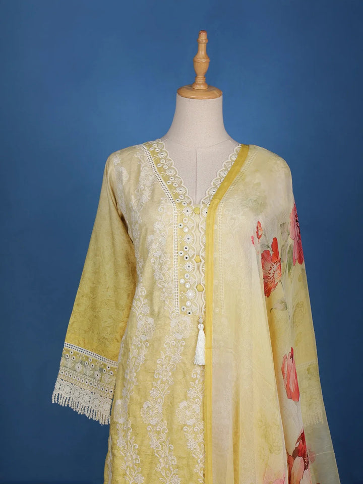 Yellow Floral Embroidery Cotton Salwar Suit - Diadem