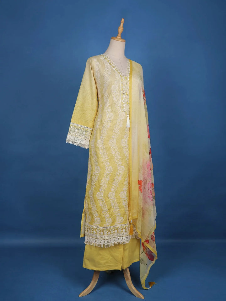 Yellow Floral Embroidery Cotton Salwar Suit - Diadem