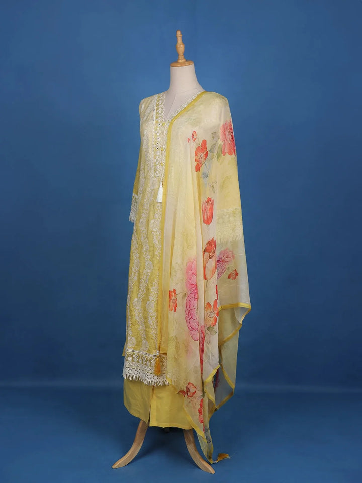Yellow Floral Embroidery Cotton Salwar Suit - Diadem