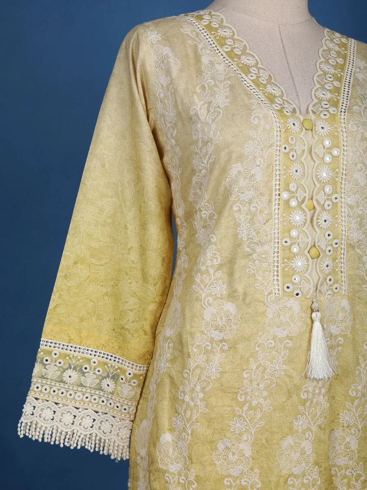 Yellow Floral Embroidery Cotton Salwar Suit - Diadem