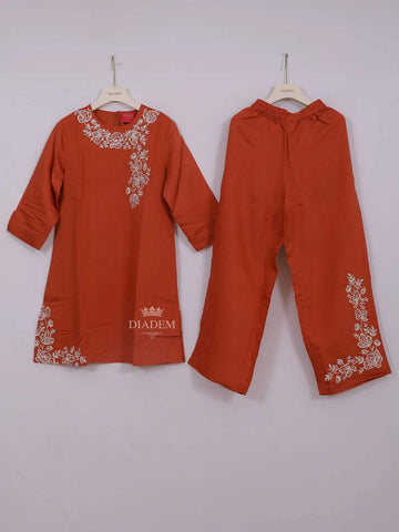 Coral Red Cotton Straight Salwar Suit with Floral Threadwork Embroidery - Diadem