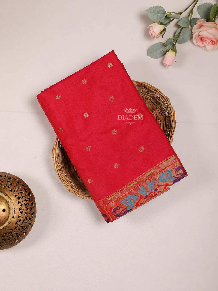 Red Pure Kanchipuram Bridal Silk Saree with Floral Motif on the body and Zari Border - Diadem