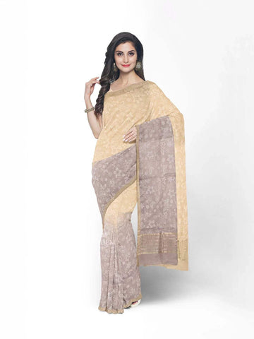 Beige Organza Silk Saree with Floral Prints on the body and Zari Border - Diadem