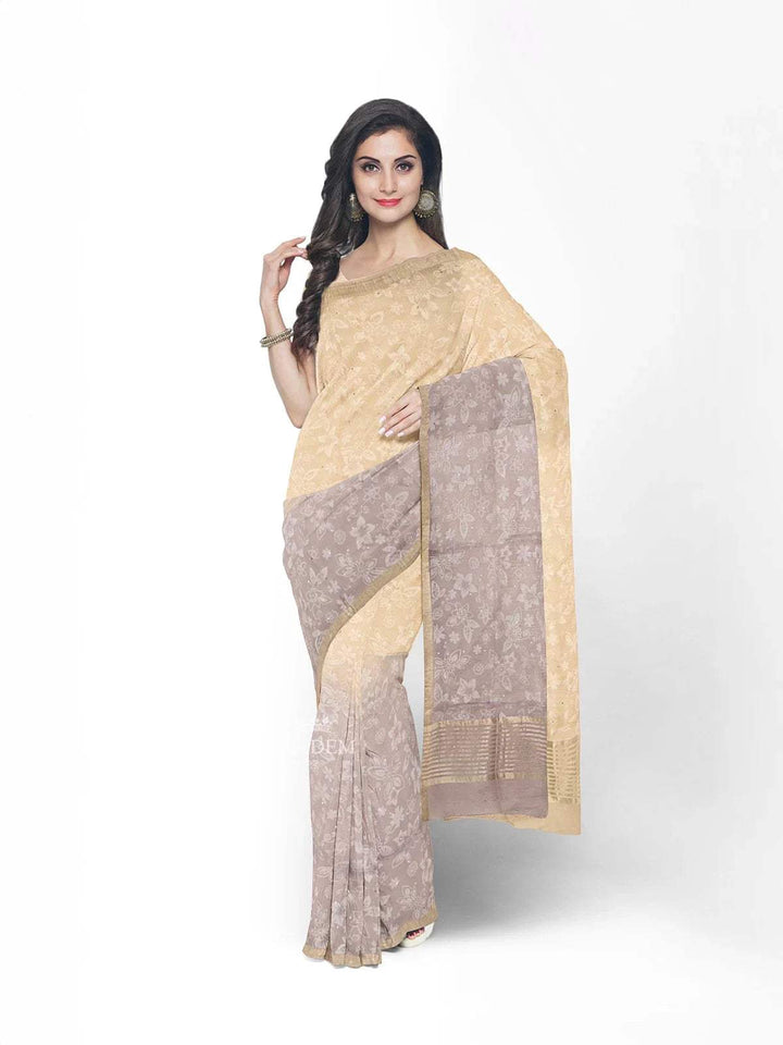 Beige Organza Silk Saree with Floral Prints on the body and Zari Border - Diadem