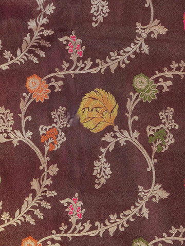 Dark Brown Banarasi Saree with Floral Design on the Body with Zari Border - Diadem