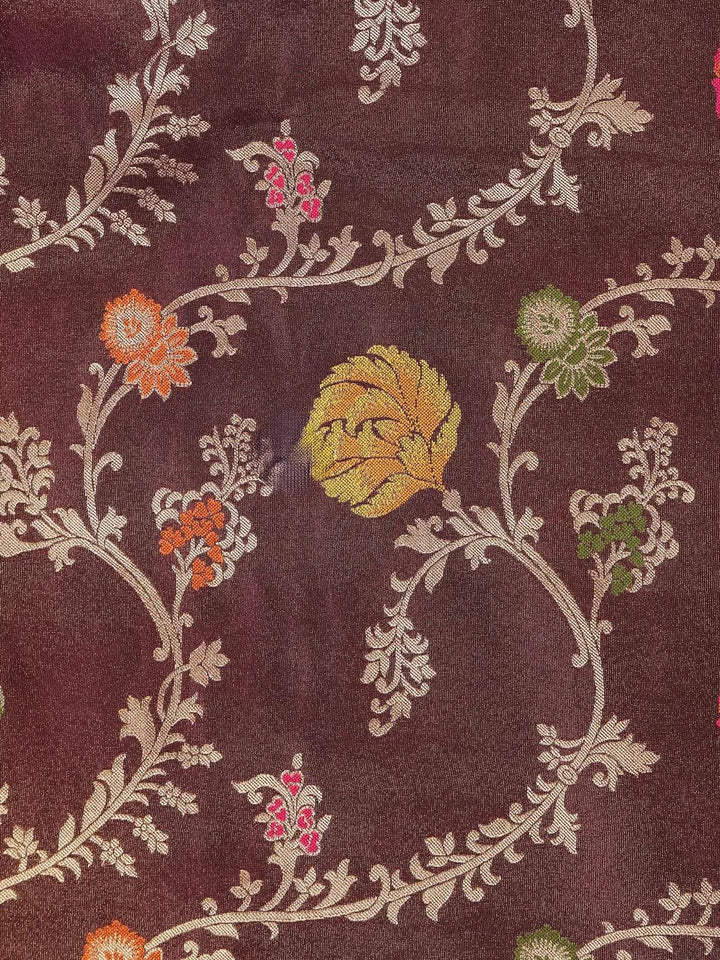 Dark Brown Banarasi Saree with Floral Design on the Body with Zari Border - Diadem