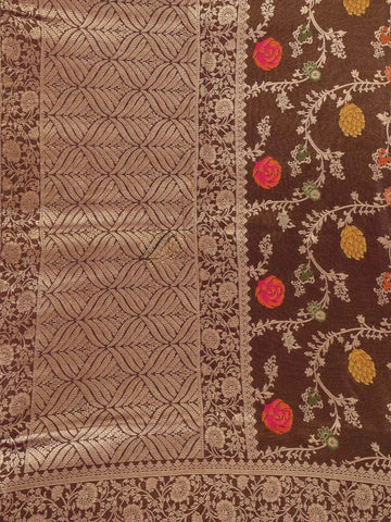 Dark Brown Banarasi Saree with Floral Design on the Body with Zari Border - Diadem