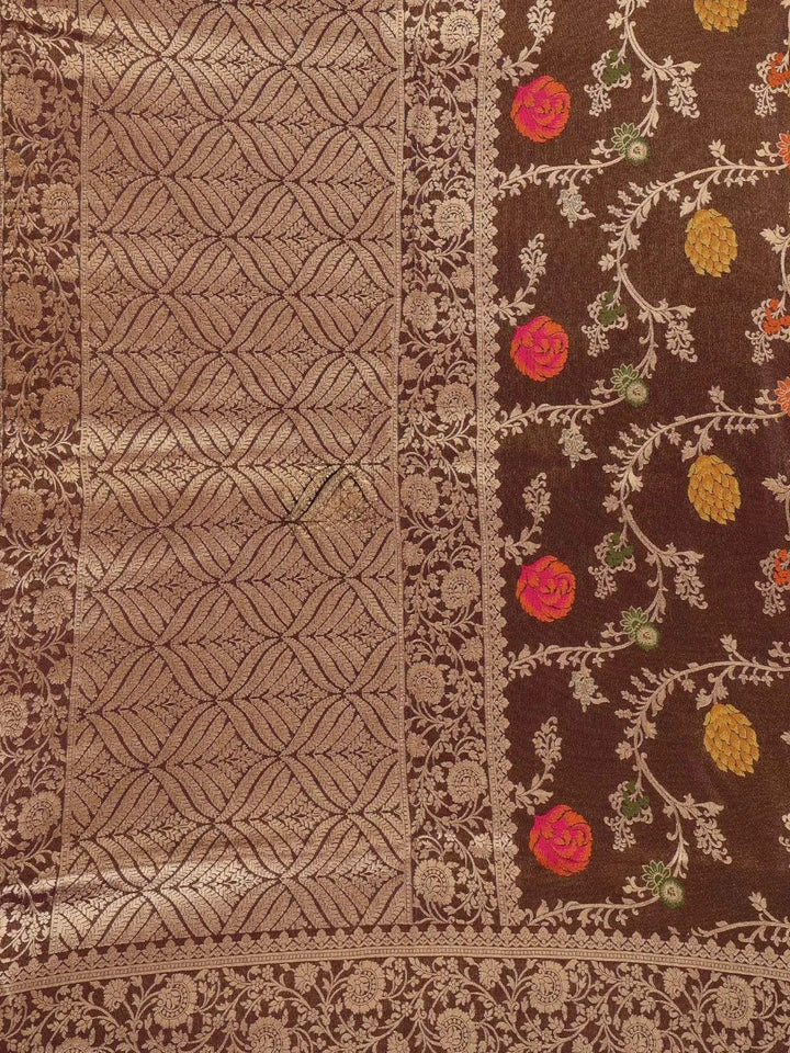 Dark Brown Banarasi Saree with Floral Design on the Body with Zari Border - Diadem