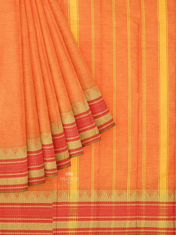 Orange Kanchi Cotton Saree with Thread Butta on the body and Contrast Temple Zari Border - Diadem