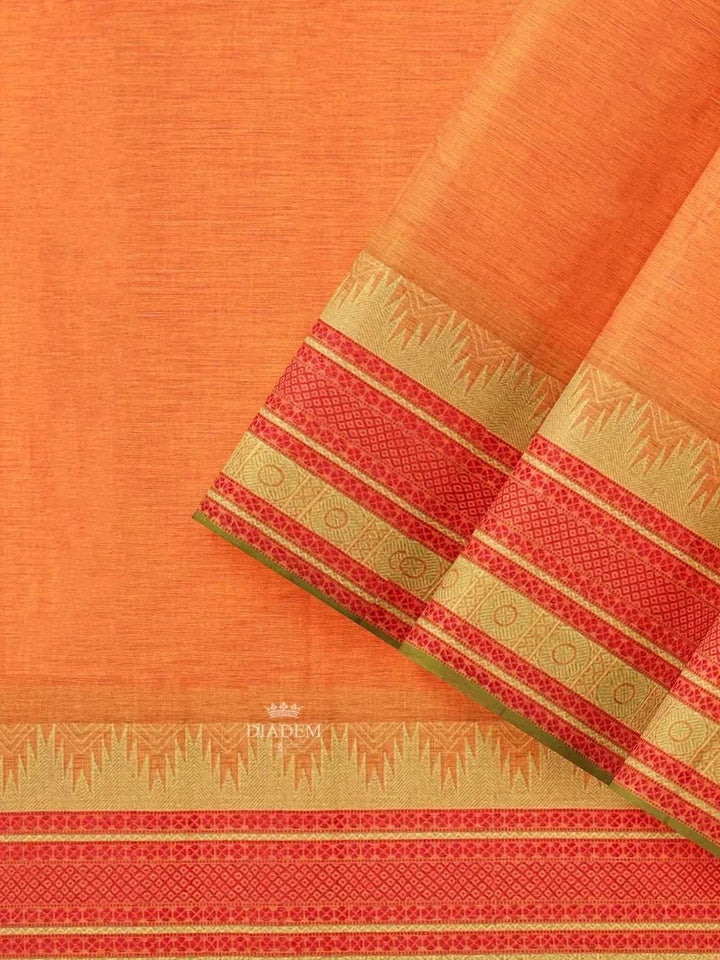 Orange Kanchi Cotton Saree with Thread Butta on the body and Contrast Temple Zari Border - Diadem