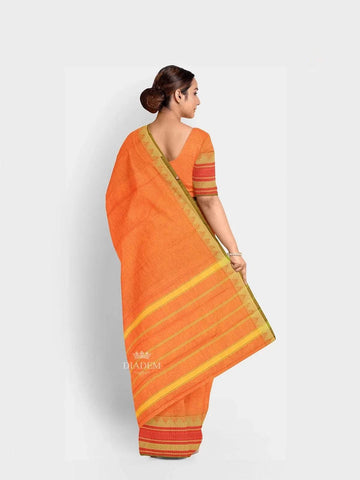 Orange Kanchi Cotton Saree with Thread Butta on the body and Contrast Temple Zari Border - Diadem