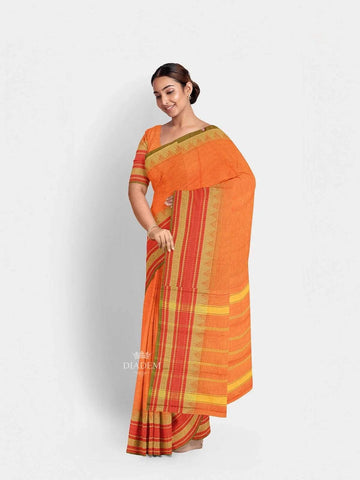 Orange Kanchi Cotton Saree with Thread Butta on the body and Contrast Temple Zari Border - Diadem