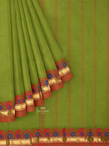 Parrot Green Kanchi Cotton Saree with Thread Butta on the Body and Thread with Zari Border - Diadem