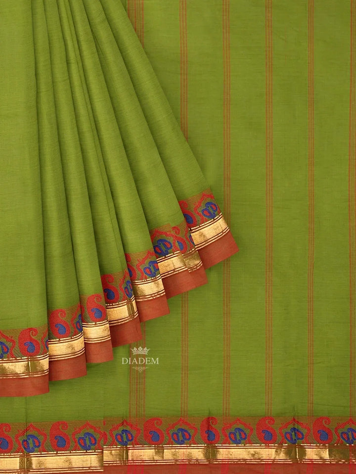 Parrot Green Kanchi Cotton Saree with Thread Butta on the Body and Thread with Zari Border - Diadem