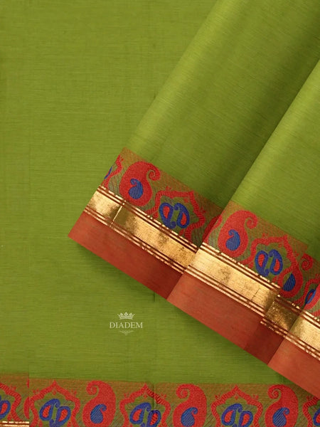 Parrot Green Kanchi Cotton Saree with Thread Butta on the Body and Thread with Zari Border - Diadem