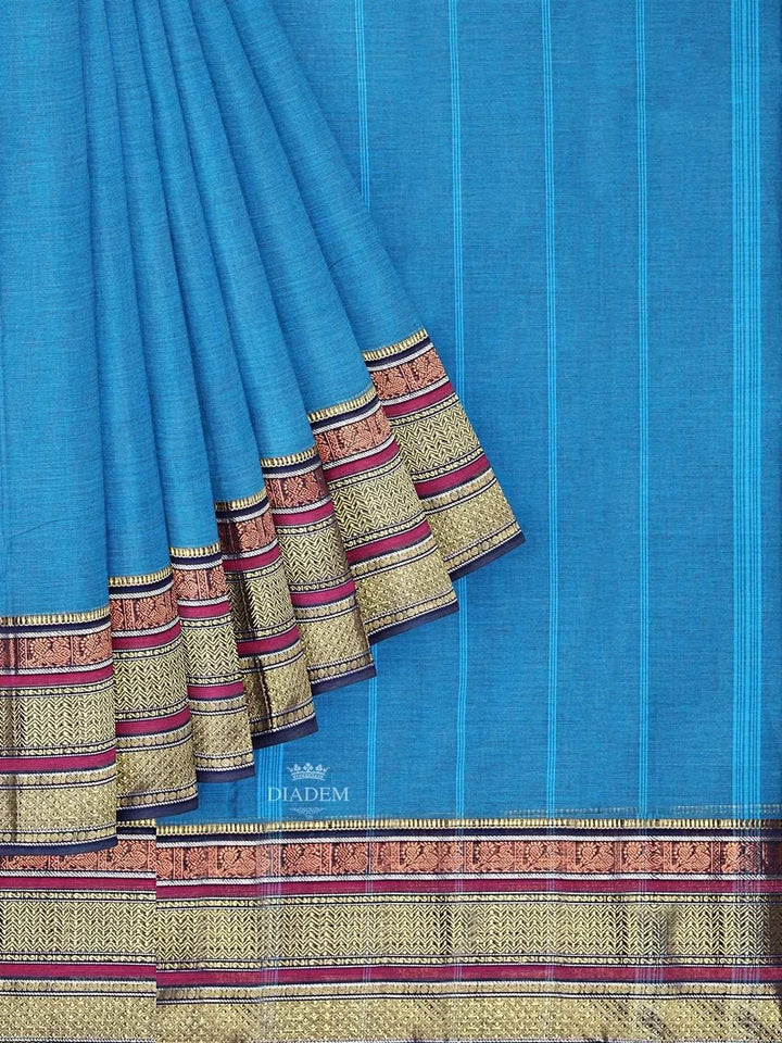 Blue Kanchi Cotton Saree with Thread Butta on the Body and Contrast Zari Border - Diadem