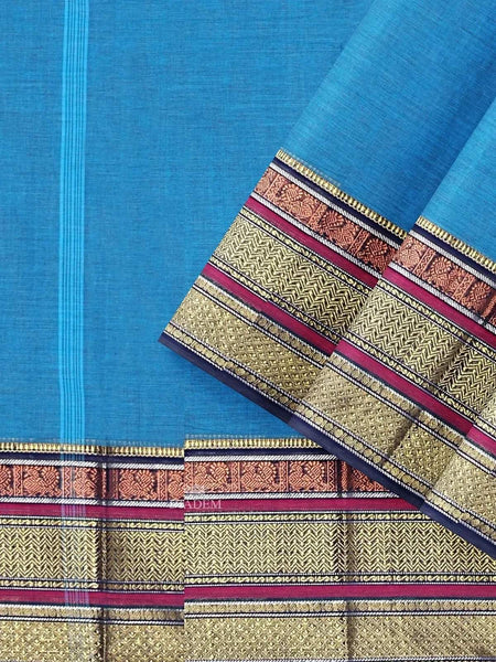 Blue Kanchi Cotton Saree with Thread Butta on the Body and Contrast Zari Border - Diadem