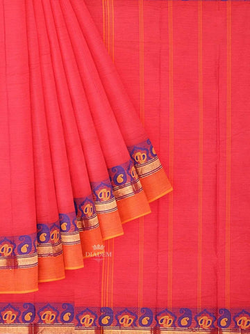 Pink Kanchi Cotton Saree with Thread Butta on the body and Contrast Zari Border - Diadem