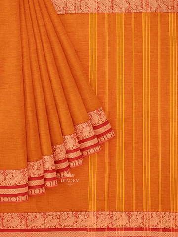 Orange Kanchi Cotton Saree with Thread Butta on the body and Contrast Zari Border - Diadem