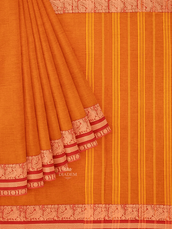 Orange Kanchi Cotton Saree with Thread Butta on the body and Contrast Zari Border - Diadem