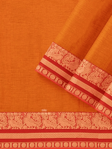 Orange Kanchi Cotton Saree with Thread Butta on the body and Contrast Zari Border - Diadem