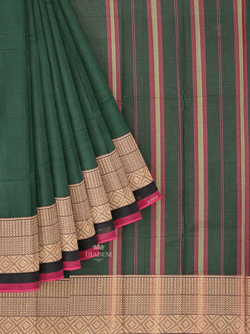 Dark Green Kanchi Cotton Saree with Thread Butta on the body and Contrast Zari Border - Diadem