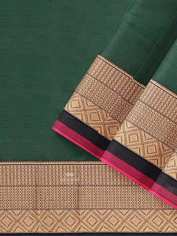 Dark Green Kanchi Cotton Saree with Thread Butta on the body and Contrast Zari Border - Diadem