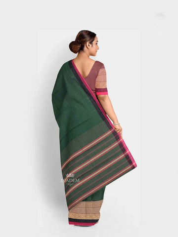 Dark Green Kanchi Cotton Saree with Thread Butta on the body and Contrast Zari Border - Diadem