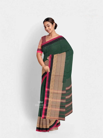 Dark Green Kanchi Cotton Saree with Thread Butta on the body and Contrast Zari Border - Diadem