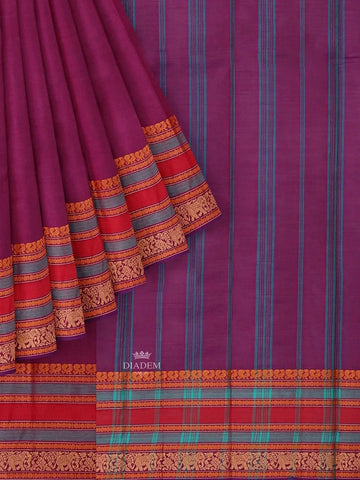 Purple Kanchi Cotton Saree with Thread Butta on the Body and Contrast Thread Border - Diadem