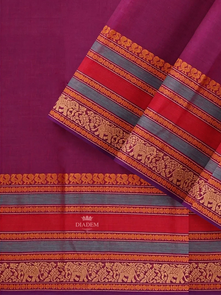 Purple Kanchi Cotton Saree with Thread Butta on the Body and Contrast Thread Border - Diadem