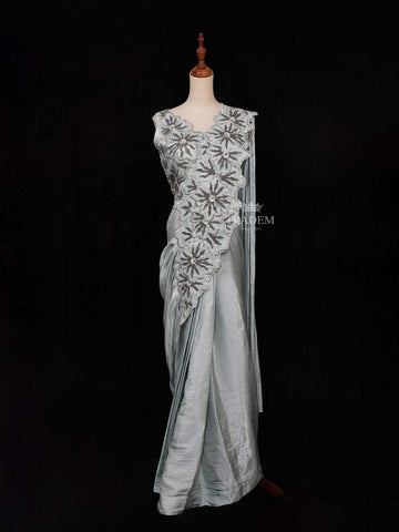 Grey Ready to Wear Saree with Sequins and Floral Design on the Body with Blouse - Diadem