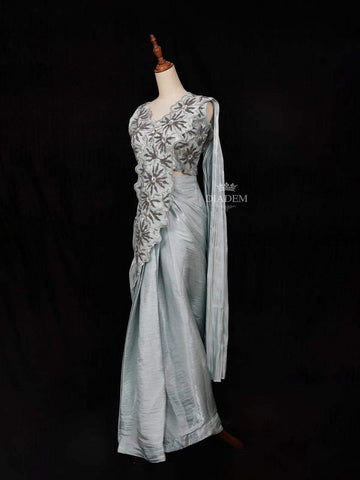 Grey Ready to Wear Saree with Sequins and Floral Design on the Body with Blouse - Diadem