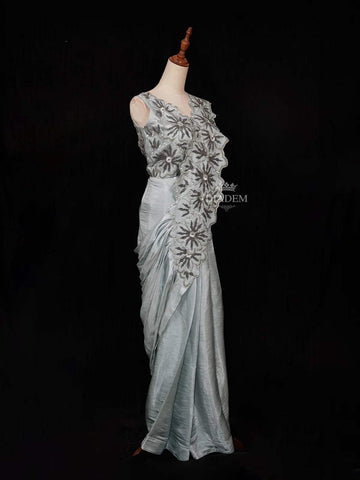 Grey Ready to Wear Saree with Sequins and Floral Design on the Body with Blouse - Diadem