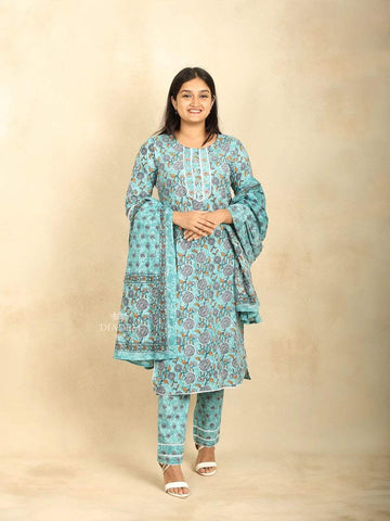 Blue Cotton Straight cut Salwar Suit Adorned with Floral Prints and Thread work along with Dupatta - Diadem